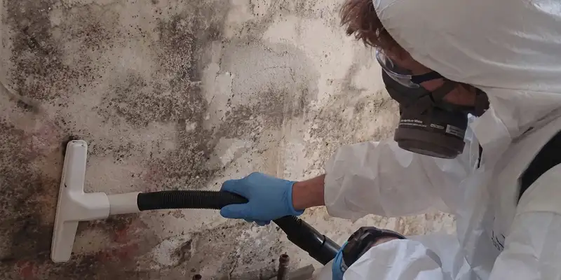 professional mold removal technician wearing protective equipment removing mold from a wall in Wilmington, NC